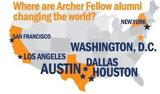 AFAA Map with text: Where are Archer Fellow alumni changing the world? San Francisco, Los Angeles, Austin, Dallas, Houston, New York, Washington, D.C.